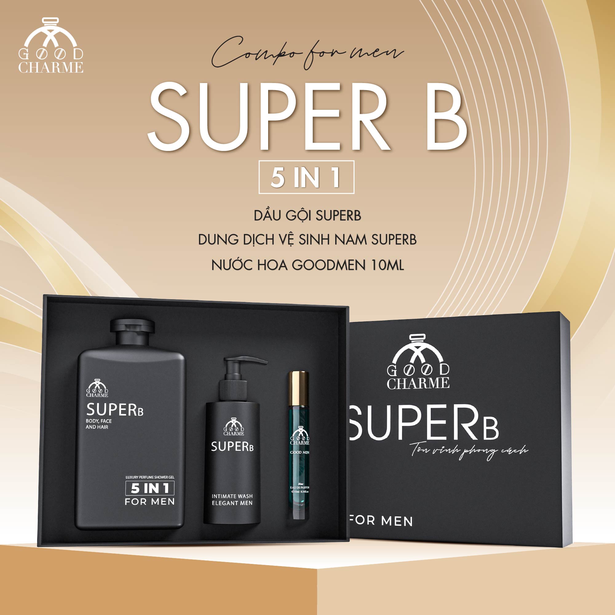 Combo SuperB 5 in 1  ( Sữa Tắm Gội Toàn Thân + Dung Dịch Vệ Sinh Nam + Nước Hoa Goodmen 10ml )