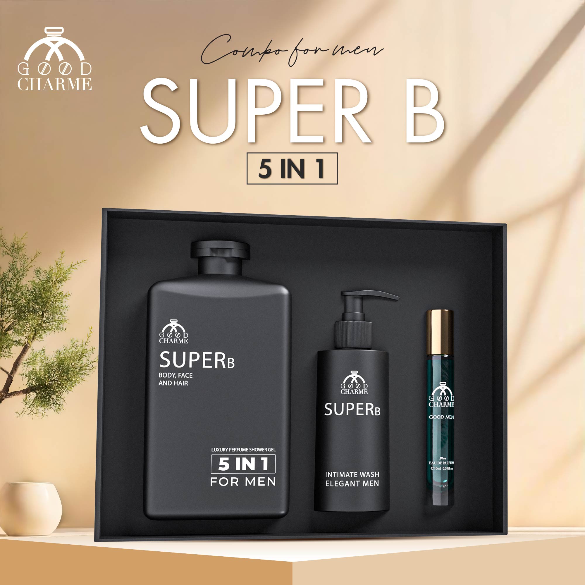 Combo SuperB 5 in 1  ( Sữa Tắm Gội Toàn Thân + Dung Dịch Vệ Sinh Nam + Nước Hoa Goodmen 10ml )